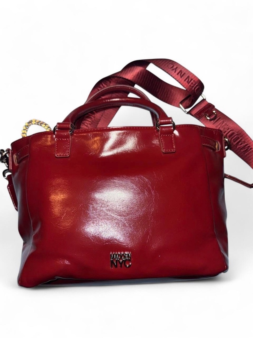 DKNY Shiny Red Leather Shoulder Satchel with Branded Strap